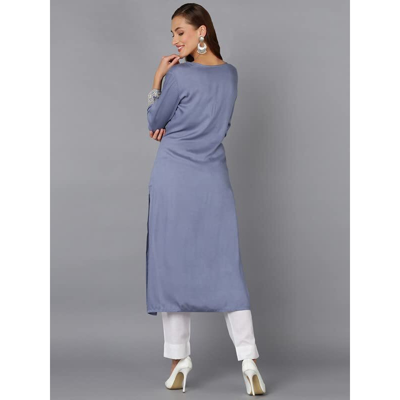 Vaamsi Women's Viscose Rayon Blue Pottery Embroidered Straight Kurta (VCK9219_Blue_L)