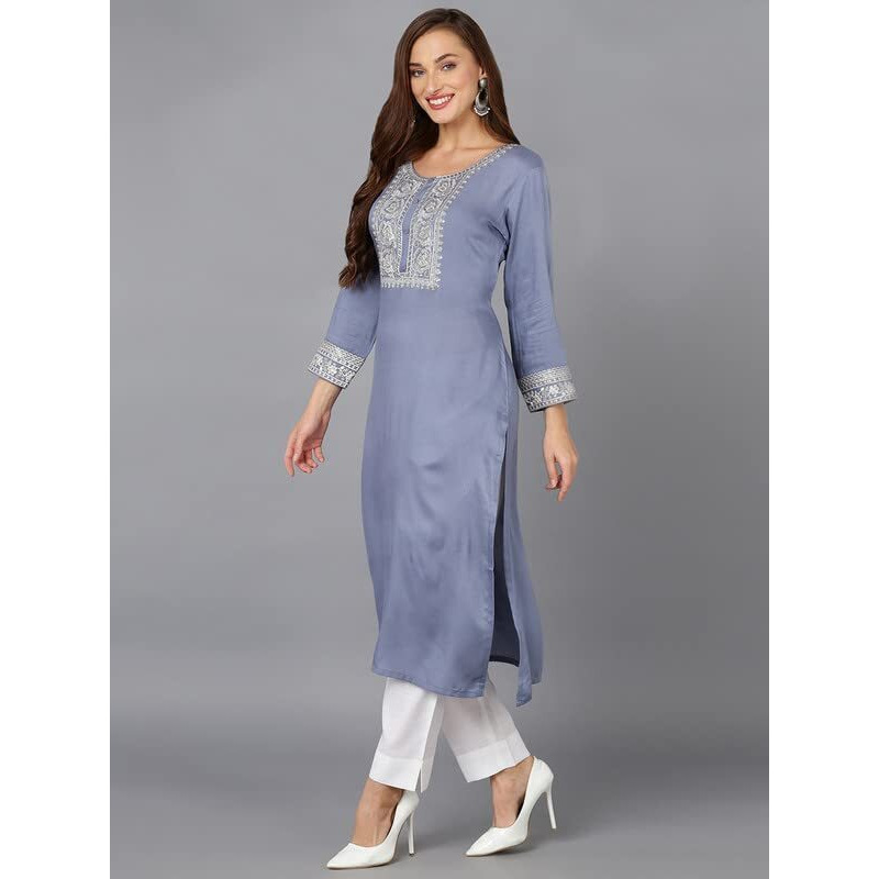 Vaamsi Women's Viscose Rayon Blue Pottery Embroidered Straight Kurta (VCK9219_Blue_L)