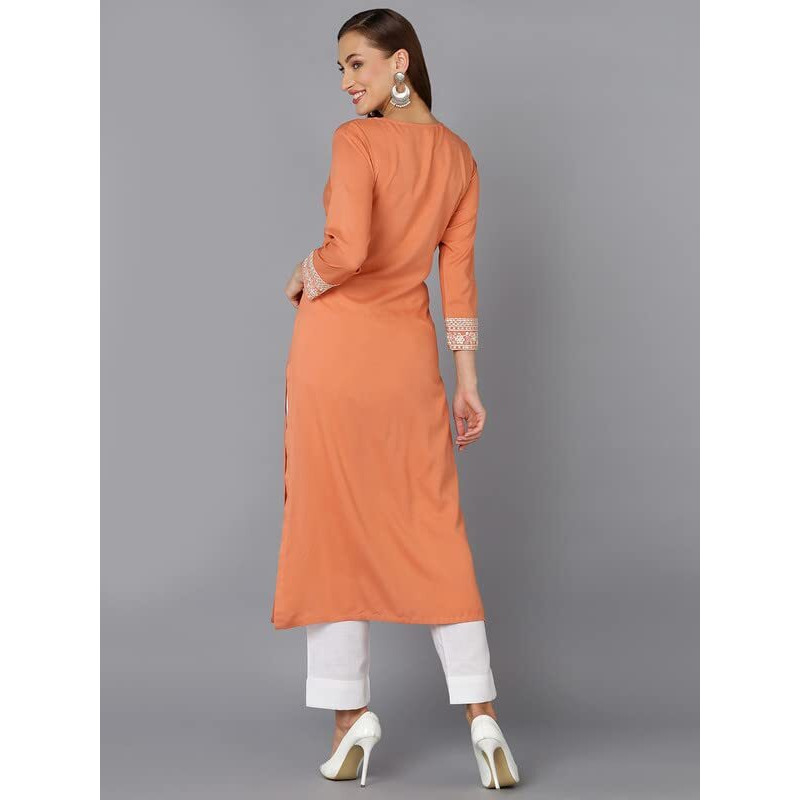 Vaamsi Women's Viscose Rayon Coral Peach Embroidered Straight Kurta (VCK9220_Coral_XXL)