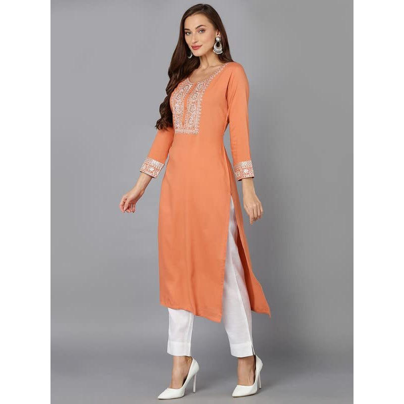 Vaamsi Women's Viscose Rayon Coral Peach Embroidered Straight Kurta (VCK9220_Coral_XXL)
