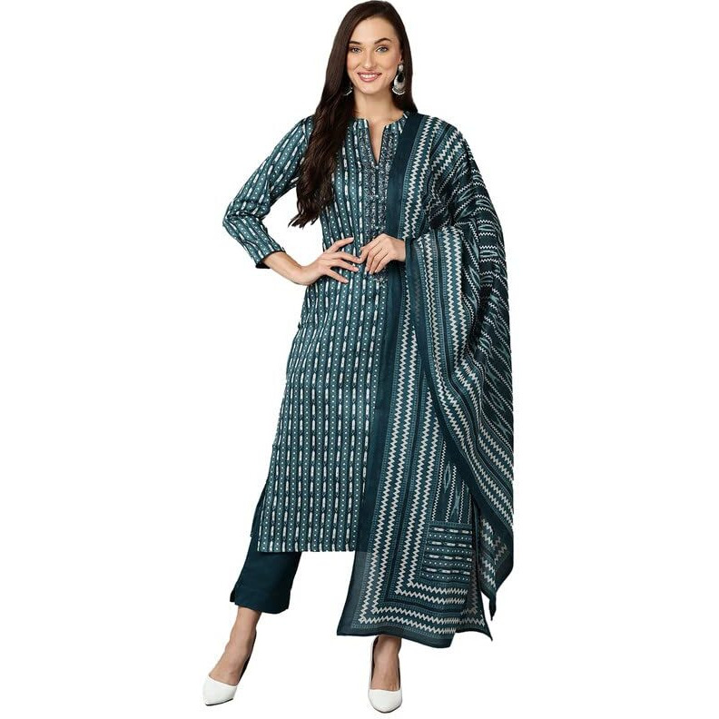 Vaamsi Women's Printed Straight Kurta Pant With Dupatta Set (VKSKD1810_Teal_M)