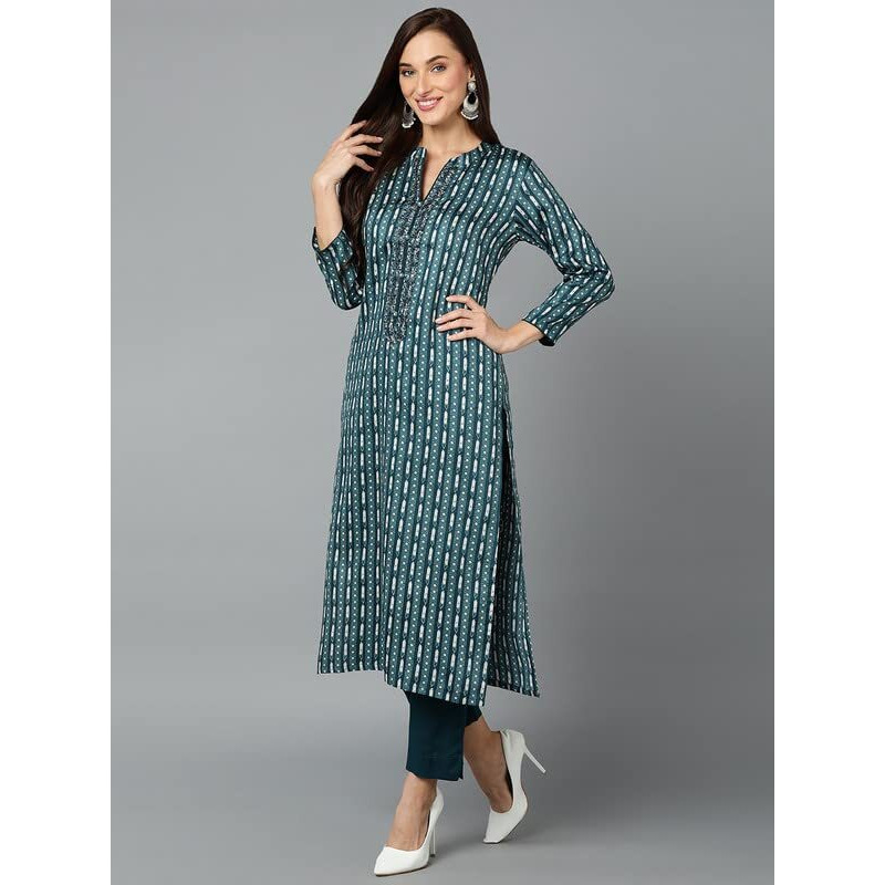 Vaamsi Women's Printed Straight Kurta Pant With Dupatta Set (VKSKD1810_Teal_M)