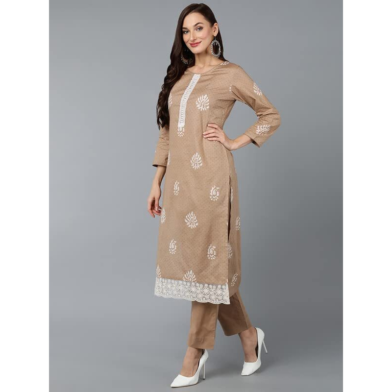 Vaamsi Women's Silk Blend Geometric Printed Straight Kurta Pant with Dupatta (VKSKD1839_Taupe_XXL)