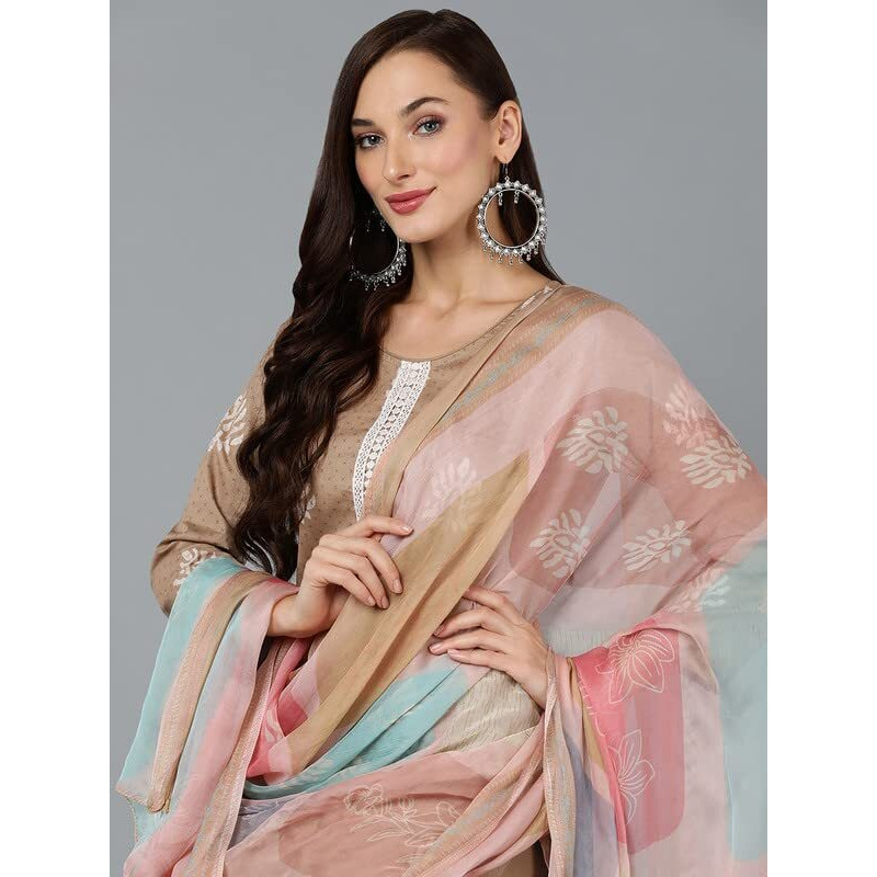 Vaamsi Women's Silk Blend Geometric Printed Straight Kurta Pant with Dupatta (VKSKD1839_Taupe_XXL)