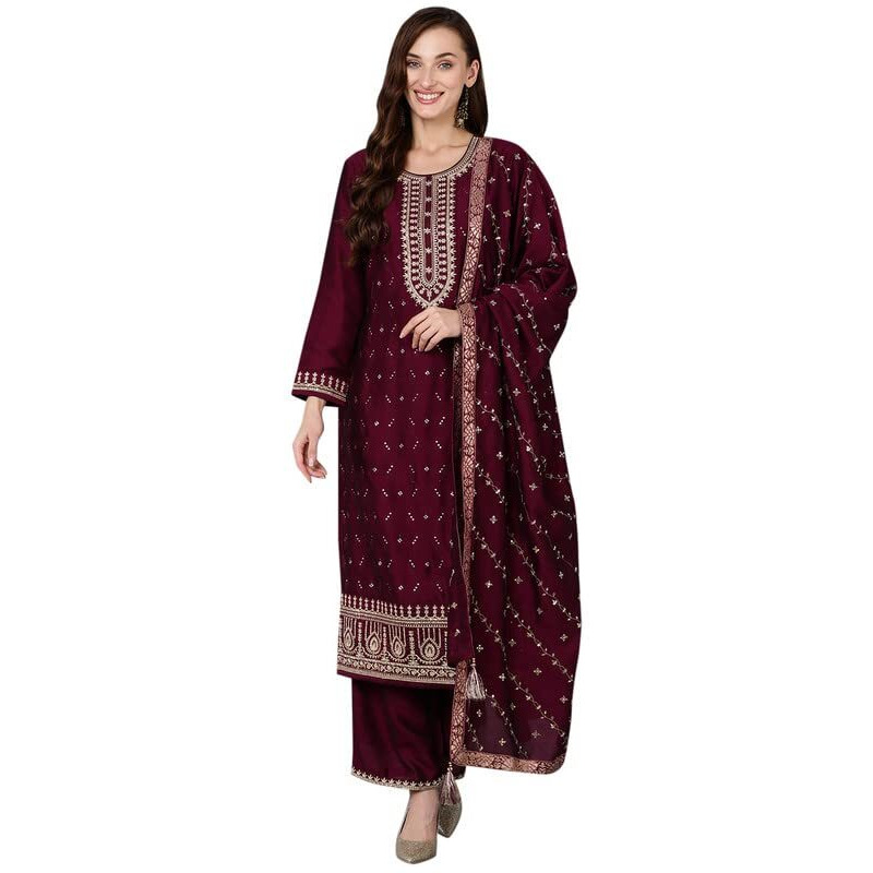 Vaamsi Women's Silk Blend Ethnic Motifs Embroidered Straight Kurta Palazzo With Dupatta (PKSKD1816_Maroon_XL)
