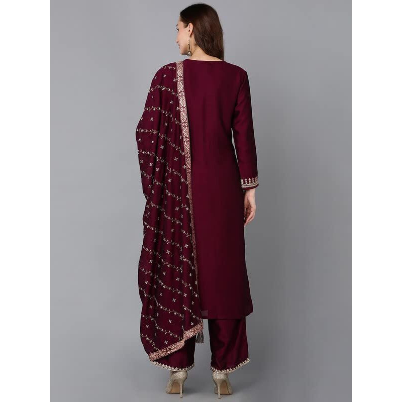 Vaamsi Women's Silk Blend Ethnic Motifs Embroidered Straight Kurta Palazzo With Dupatta (PKSKD1816_Maroon_XL)
