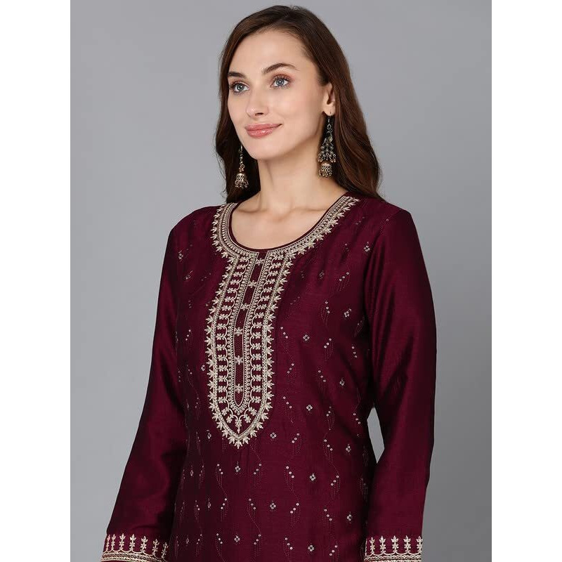 Vaamsi Women's Silk Blend Ethnic Motifs Embroidered Straight Kurta Palazzo With Dupatta (PKSKD1816_Maroon_XL)