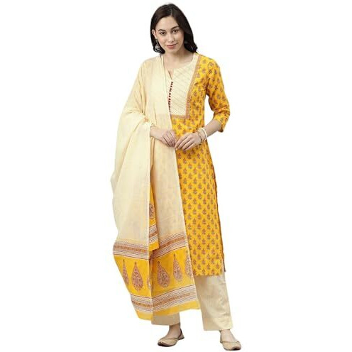 Vaamsi Women's Ethnic Motifs Printed Straight Kurta Set With Dupatta (VKSKD1042AB_Yellow_L)