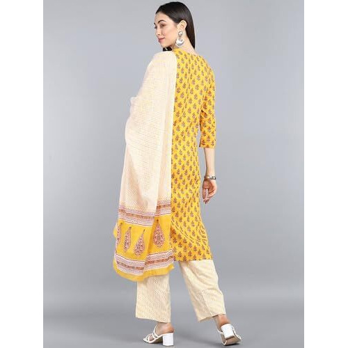 Vaamsi Women's Ethnic Motifs Printed Straight Kurta Set With Dupatta (VKSKD1042AB_Yellow_L)