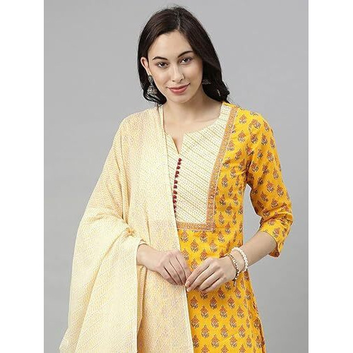Vaamsi Women's Ethnic Motifs Printed Straight Kurta Set With Dupatta (VKSKD1042AB_Yellow_L)