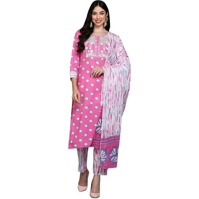 Vaamsi Women's Pure Cotton Bandhani Embroidered Straight Kurta Pant With Dupatta (VKSKD1927_Pink_L)