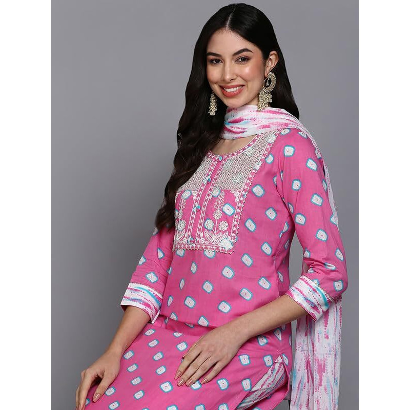 Vaamsi Women's Pure Cotton Bandhani Embroidered Straight Kurta Pant With Dupatta (VKSKD1927_Pink_L)