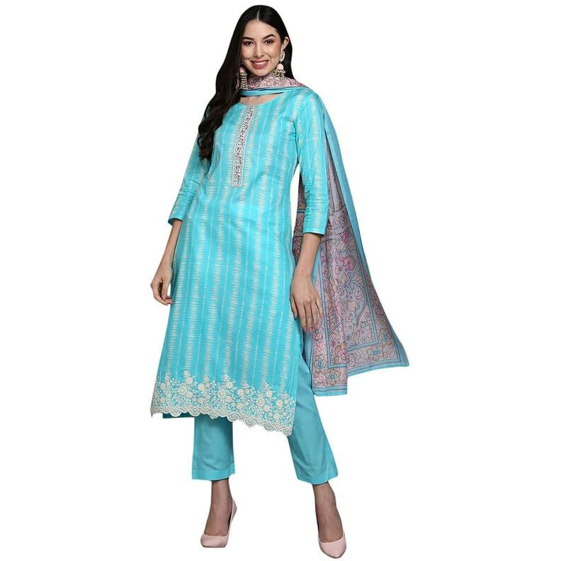 Vaamsi Women's Ethnic Motifs Dyed Straight Kurta Pant With Dupatta Set (VKSKD1908_Turquoise Blue_S)