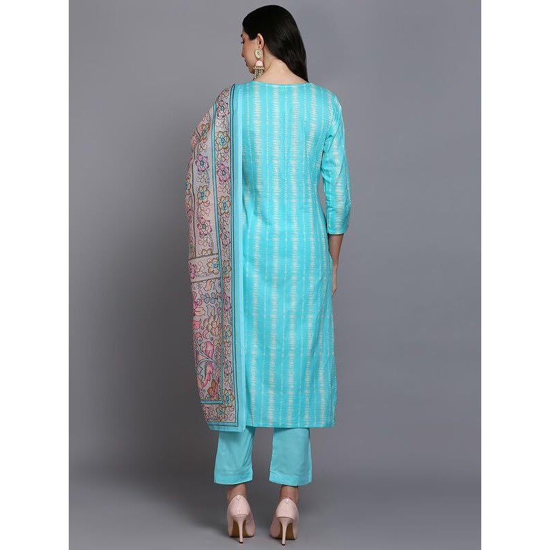 Vaamsi Women's Ethnic Motifs Dyed Straight Kurta Pant With Dupatta Set (VKSKD1908_Turquoise Blue_S)