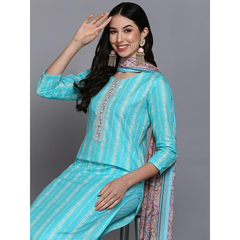 Vaamsi Women's Ethnic Motifs Dyed Straight Kurta Pant With Dupatta Set (VKSKD1908_Turquoise Blue_S)