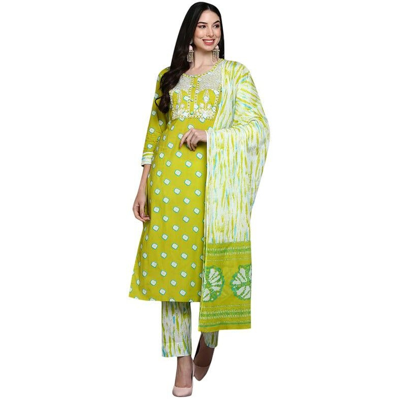 Vaamsi Women's Pure Cotton Bandhani Embroidered Straight Kurta Pant With Dupatta (VKSKD1924_Green_XXL)