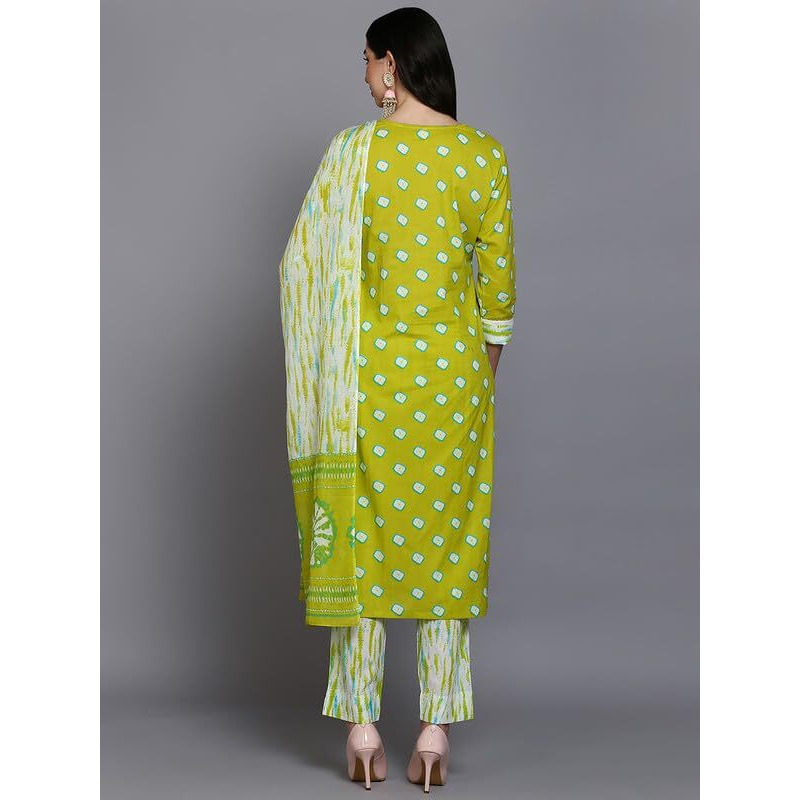 Vaamsi Women's Pure Cotton Bandhani Embroidered Straight Kurta Pant With Dupatta (VKSKD1924_Green_XXL)