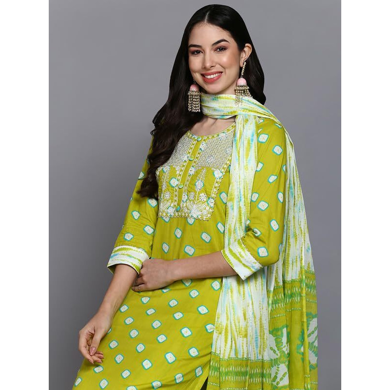 Vaamsi Women's Pure Cotton Bandhani Embroidered Straight Kurta Pant With Dupatta (VKSKD1924_Green_XXL)