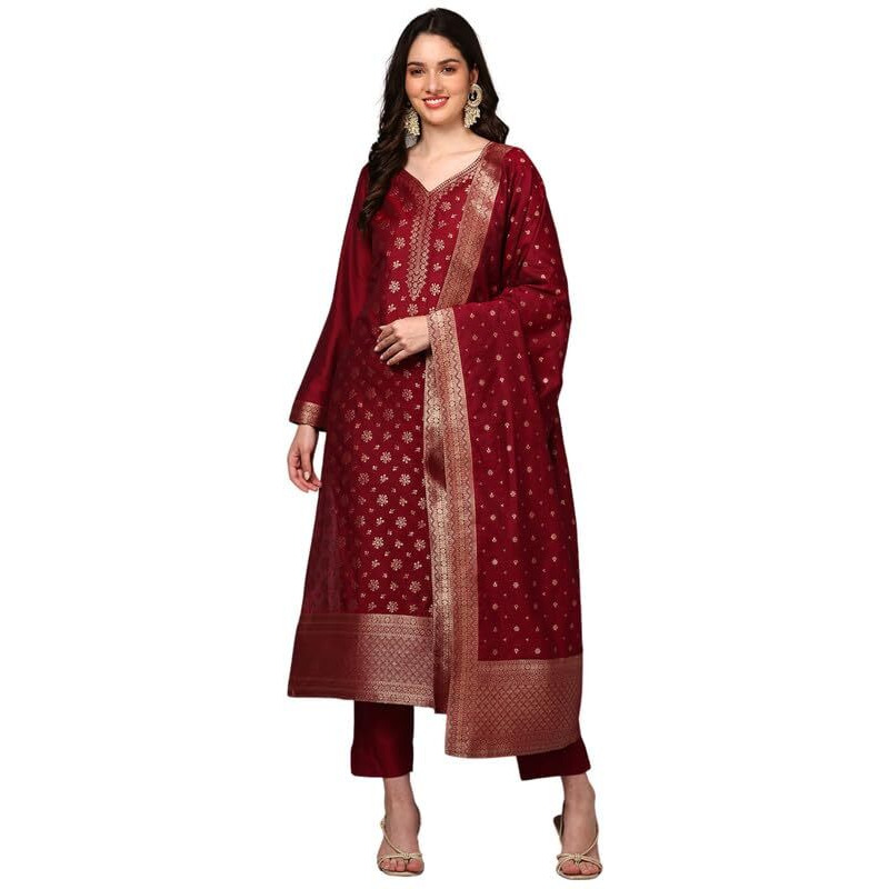 Vaamsi Women's Chanderi Ethnic Motifs Woven Design Straight Kurta Pant With Dupatta (PKSKD1977_Red_3XL)