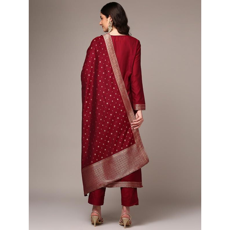 Vaamsi Women's Chanderi Ethnic Motifs Woven Design Straight Kurta Pant With Dupatta (PKSKD1977_Red_3XL)