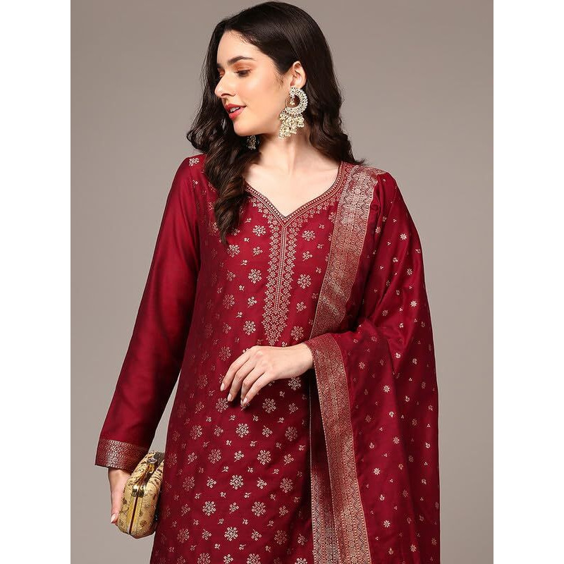 Vaamsi Women's Chanderi Ethnic Motifs Woven Design Straight Kurta Pant With Dupatta (PKSKD1977_Red_3XL)