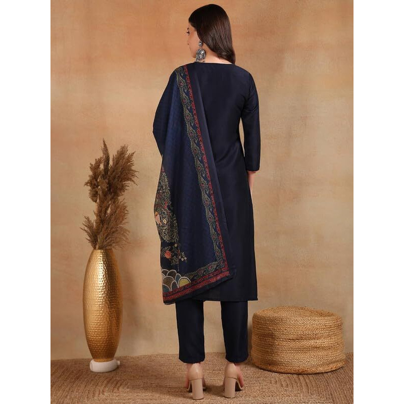 Vaamsi Women's Silk Blend Solid Embroidered Straight Kurta Pant with Dupatta (VKSKD1934_Navy Blue_S)