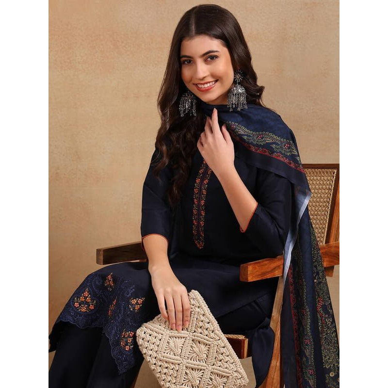 Vaamsi Women's Silk Blend Solid Embroidered Straight Kurta Pant with Dupatta (VKSKD1934_Navy Blue_S)