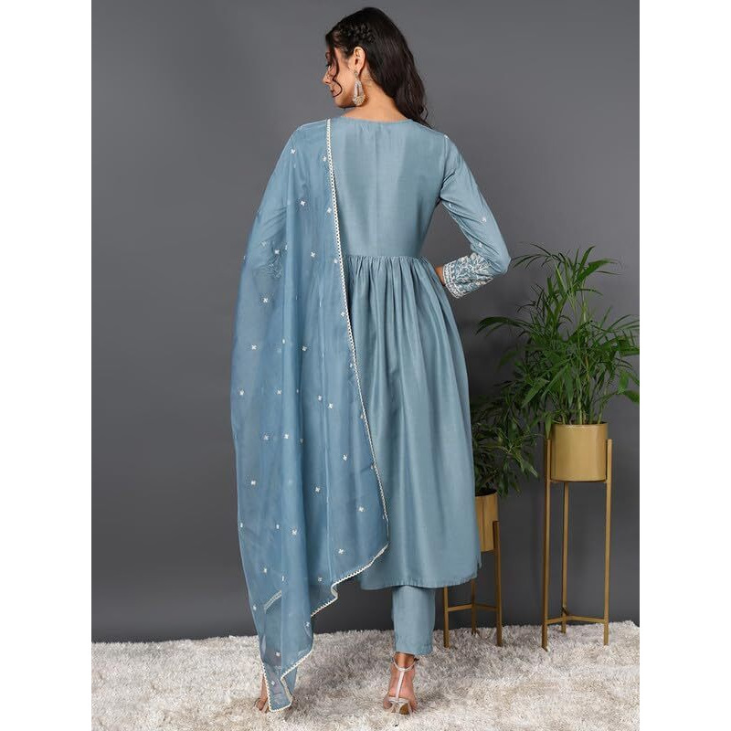 Vaamsi Women's Silk Blend Solid Embroidered Anarkali Kurta Pant With Dupatta (PKSKD2013_Blue_XL)