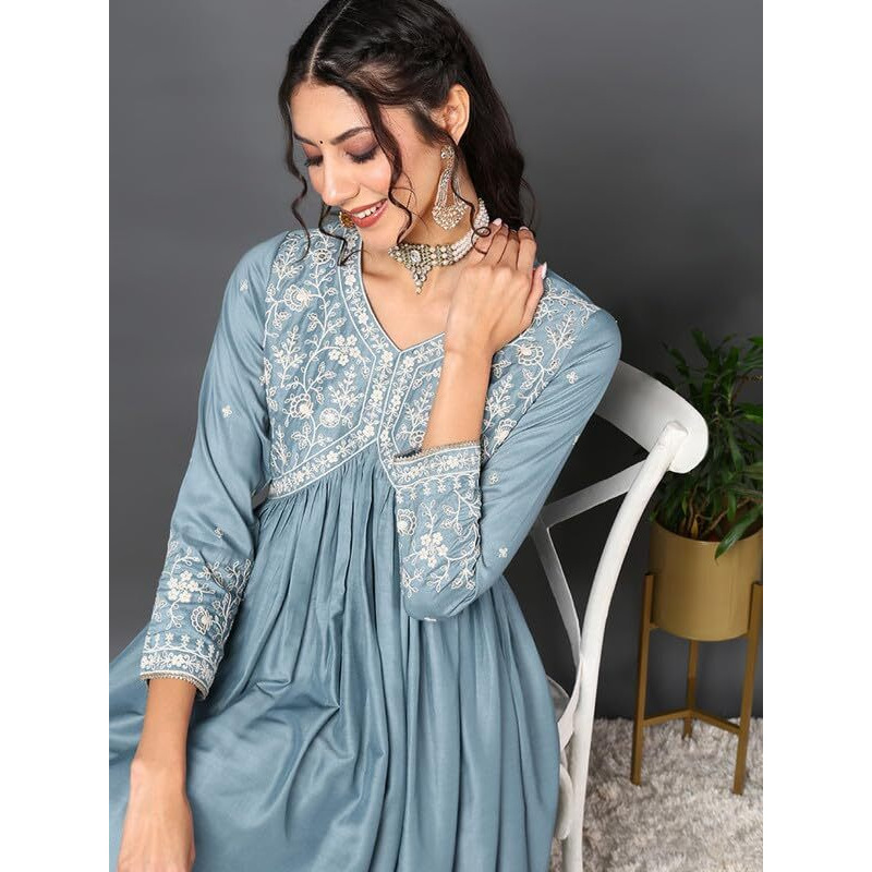 Vaamsi Women's Silk Blend Solid Embroidered Anarkali Kurta Pant With Dupatta (PKSKD2013_Blue_XL)