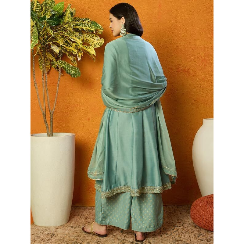 Vaamsi Women's Silk Blend Solid Anarkali Embroidered Kurta Palazzo With Dupatta (PKSKD2036_XL_Light Green)