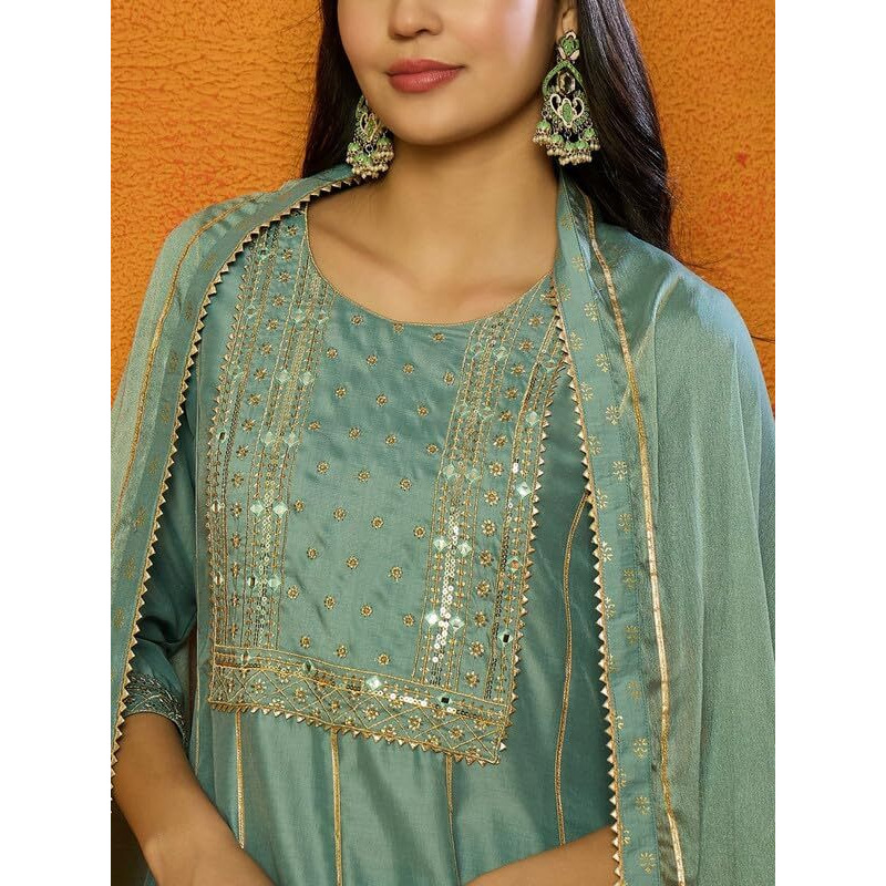 Vaamsi Women's Silk Blend Solid Anarkali Embroidered Kurta Palazzo With Dupatta (PKSKD2036_XL_Light Green)