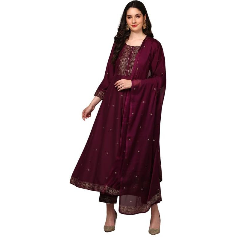 Vaamsi Women's Silk Blend Solid Woven Design Anarkali Kurta Pant With Dupatta (PKSKD1986_Burgundy_3XL)