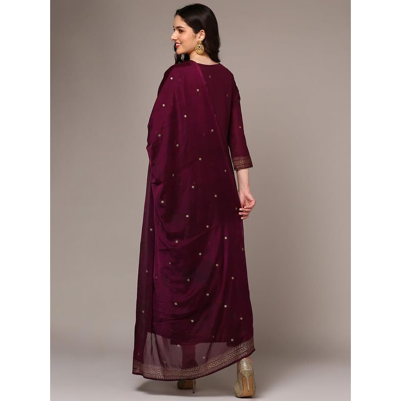 Vaamsi Women's Silk Blend Solid Woven Design Anarkali Kurta Pant With Dupatta (PKSKD1986_Burgundy_3XL)