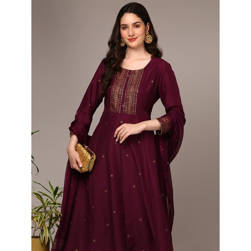 Vaamsi Women's Silk Blend Solid Woven Design Anarkali Kurta Pant With Dupatta (PKSKD1986_Burgundy_3XL)