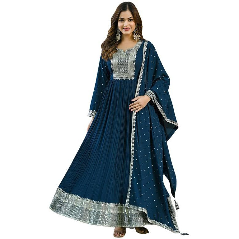 Vaamsi Women's Georgette Yoke Design Solid Anarkali Kurta With Dupatta Set (VKSET1473_XL_Teal Blue_XL)
