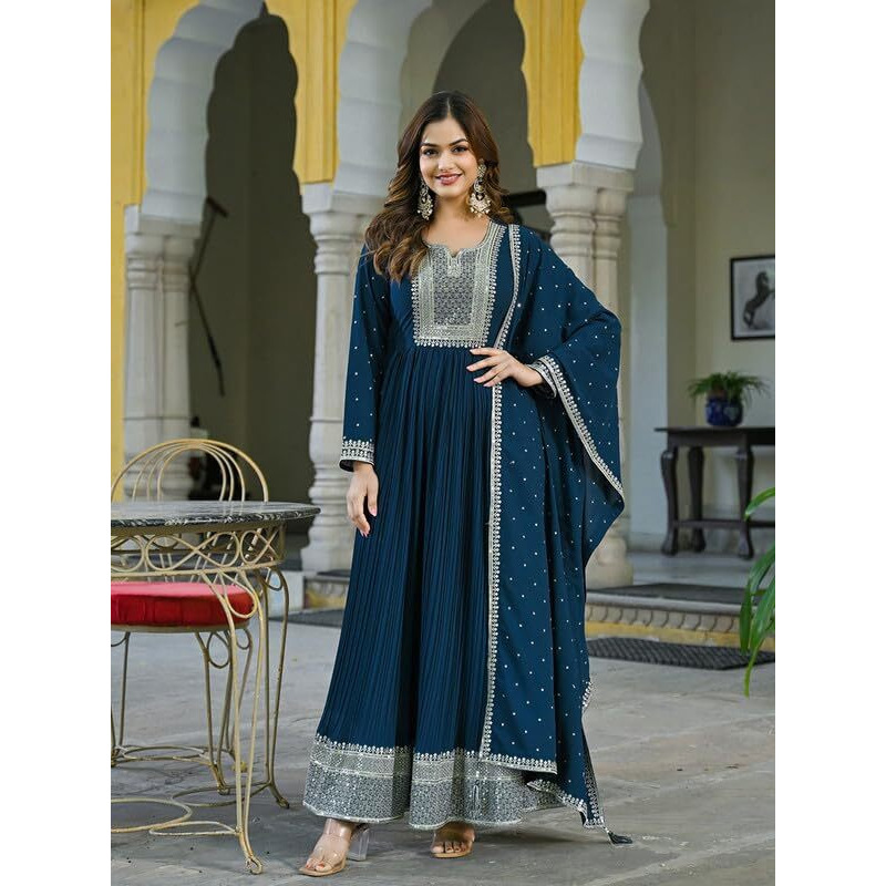 Vaamsi Women's Georgette Yoke Design Solid Anarkali Kurta With Dupatta Set (VKSET1473_XL_Teal Blue_XL)