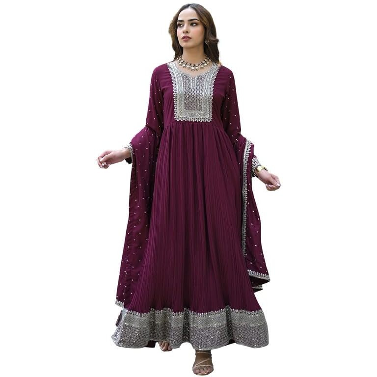 Vaamsi Women's Georgette Solid Yoke Design Anarkali Kurta With Dupatta Set (VKSET1480_Magenta_XL)