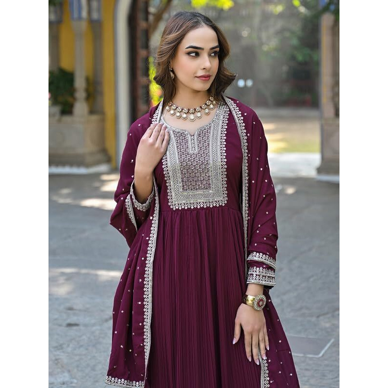 Vaamsi Women's Georgette Solid Yoke Design Anarkali Kurta With Dupatta Set (VKSET1480_Magenta_XL)