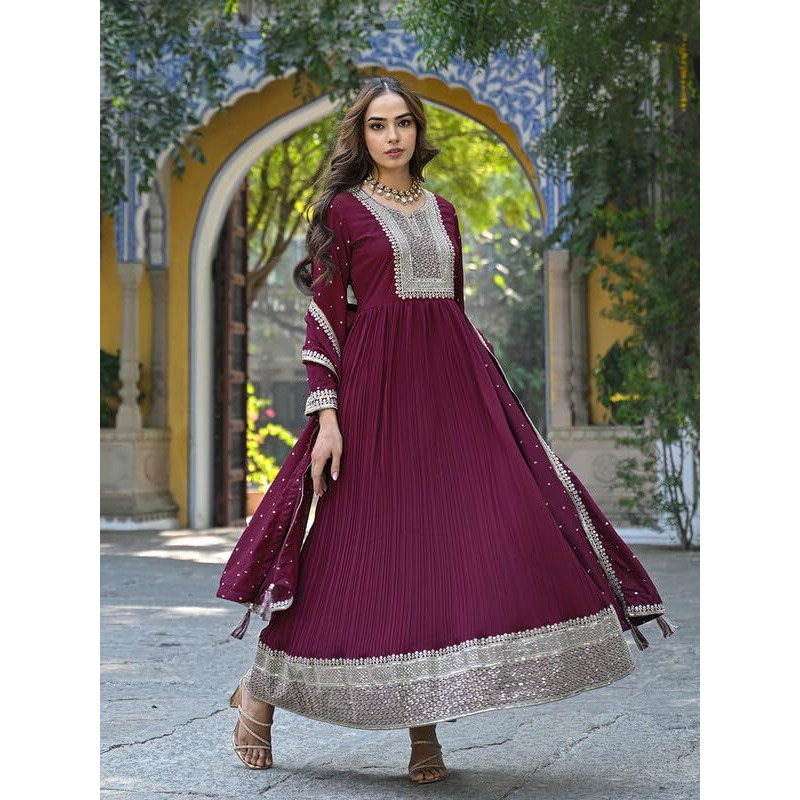 Vaamsi Women's Georgette Solid Yoke Design Anarkali Kurta With Dupatta Set (VKSET1480_Magenta_XL)