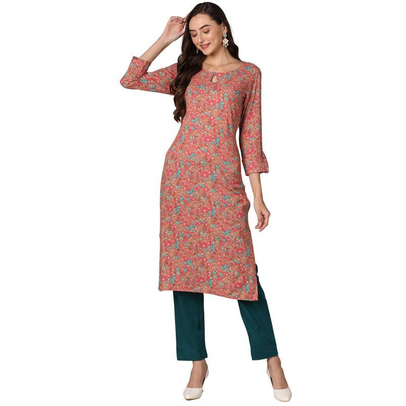Vaamsi Women's Viscose Rayon Floral Printed Straight Kurta (VCK9599_Pink_M)