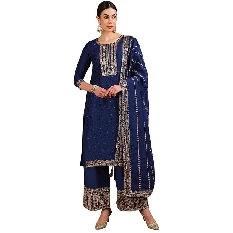 Vaamsi Women's Silk Blend Solid Yoke Design Straight Kurta Palazzo With Dupatta (PKSKD2097_Blue_3XL)