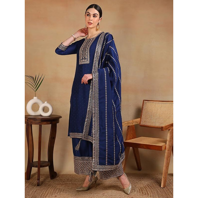 Vaamsi Women's Silk Blend Solid Yoke Design Straight Kurta Palazzo With Dupatta (PKSKD2097_Blue_3XL)