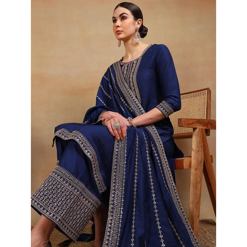 Vaamsi Women's Silk Blend Solid Yoke Design Straight Kurta Palazzo With Dupatta (PKSKD2097_Blue_3XL)