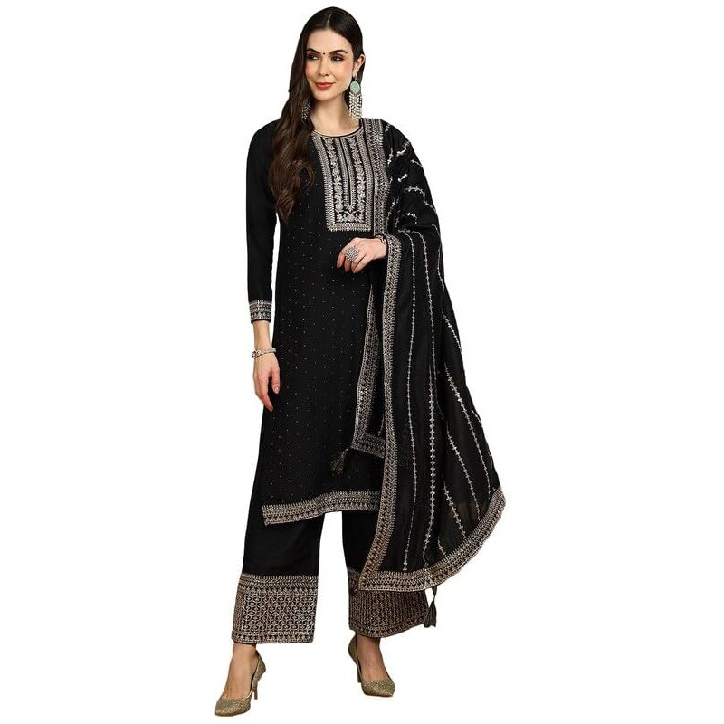 Vaamsi Women's Silk Blend Yoke Design Embroidered Straight Kurta Palazzo With Dupatta (PKSKD2098_Black_4XL)