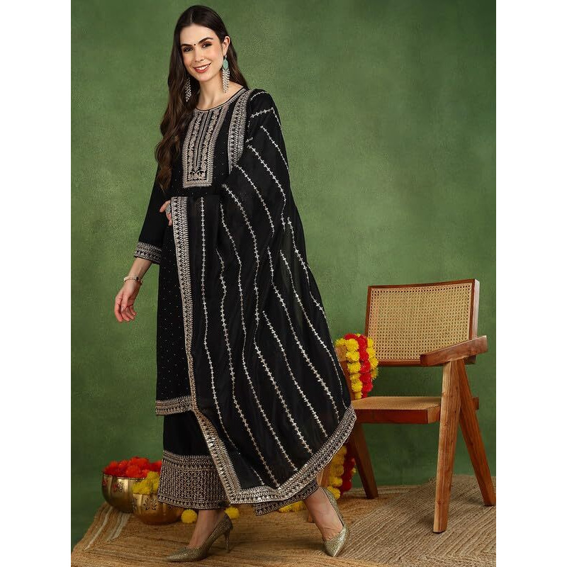 Vaamsi Women's Silk Blend Yoke Design Embroidered Straight Kurta Palazzo With Dupatta (PKSKD2098_Black_4XL)