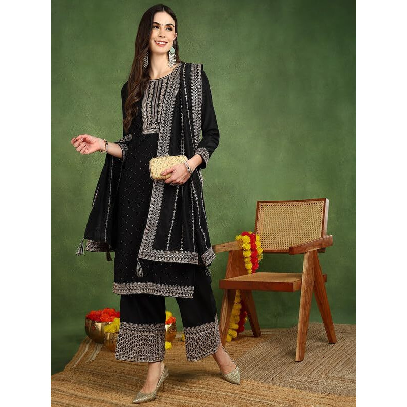 Vaamsi Women's Silk Blend Yoke Design Embroidered Straight Kurta Palazzo With Dupatta (PKSKD2098_Black_4XL)
