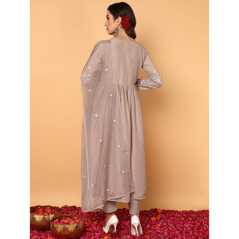 Vaamsi Women's Silk Blend Yoke Design Embroidered Anarkali Kurta Pant With Dupatta (PKSKD2108_Nude_XXL)