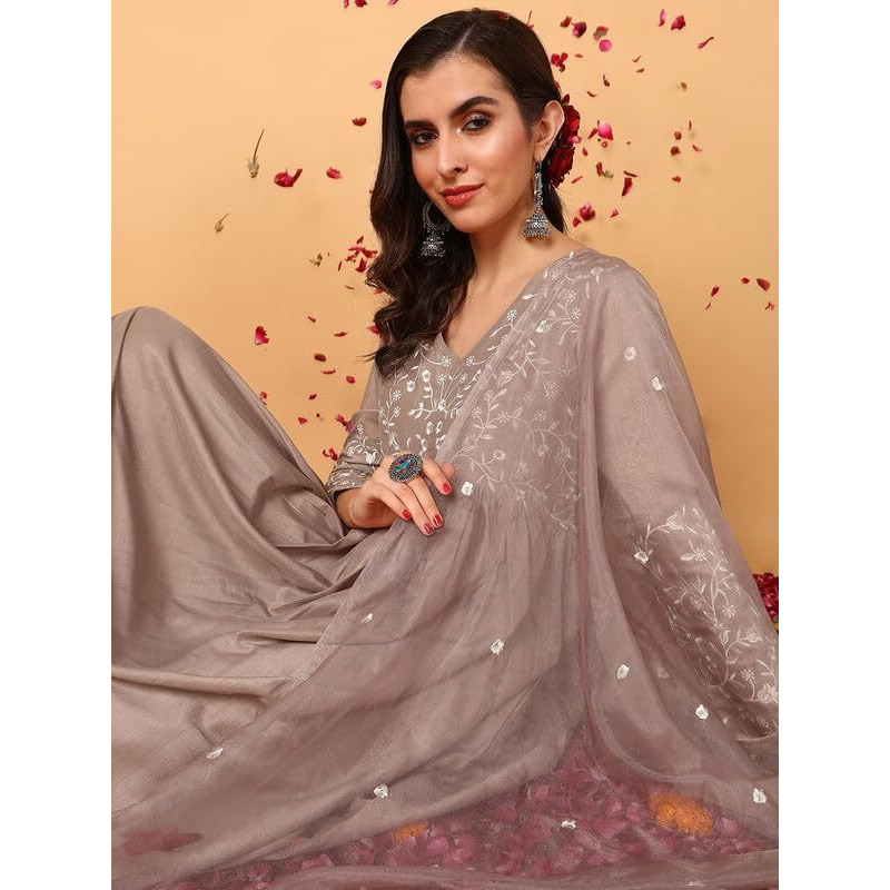 Vaamsi Women's Silk Blend Yoke Design Embroidered Anarkali Kurta Pant With Dupatta (PKSKD2108_Nude_XXL)