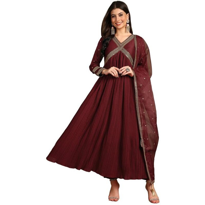 Vaamsi Women's Silk Blend Yoke Design Embroidered Anarkali Kurta Pant With Dupatta (PKSKD2110_Maroon_XXL)