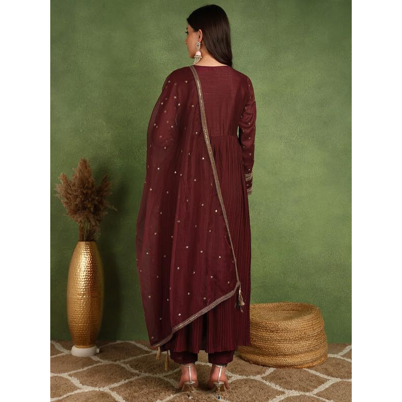 Vaamsi Women's Silk Blend Yoke Design Embroidered Anarkali Kurta Pant With Dupatta (PKSKD2110_Maroon_XXL)
